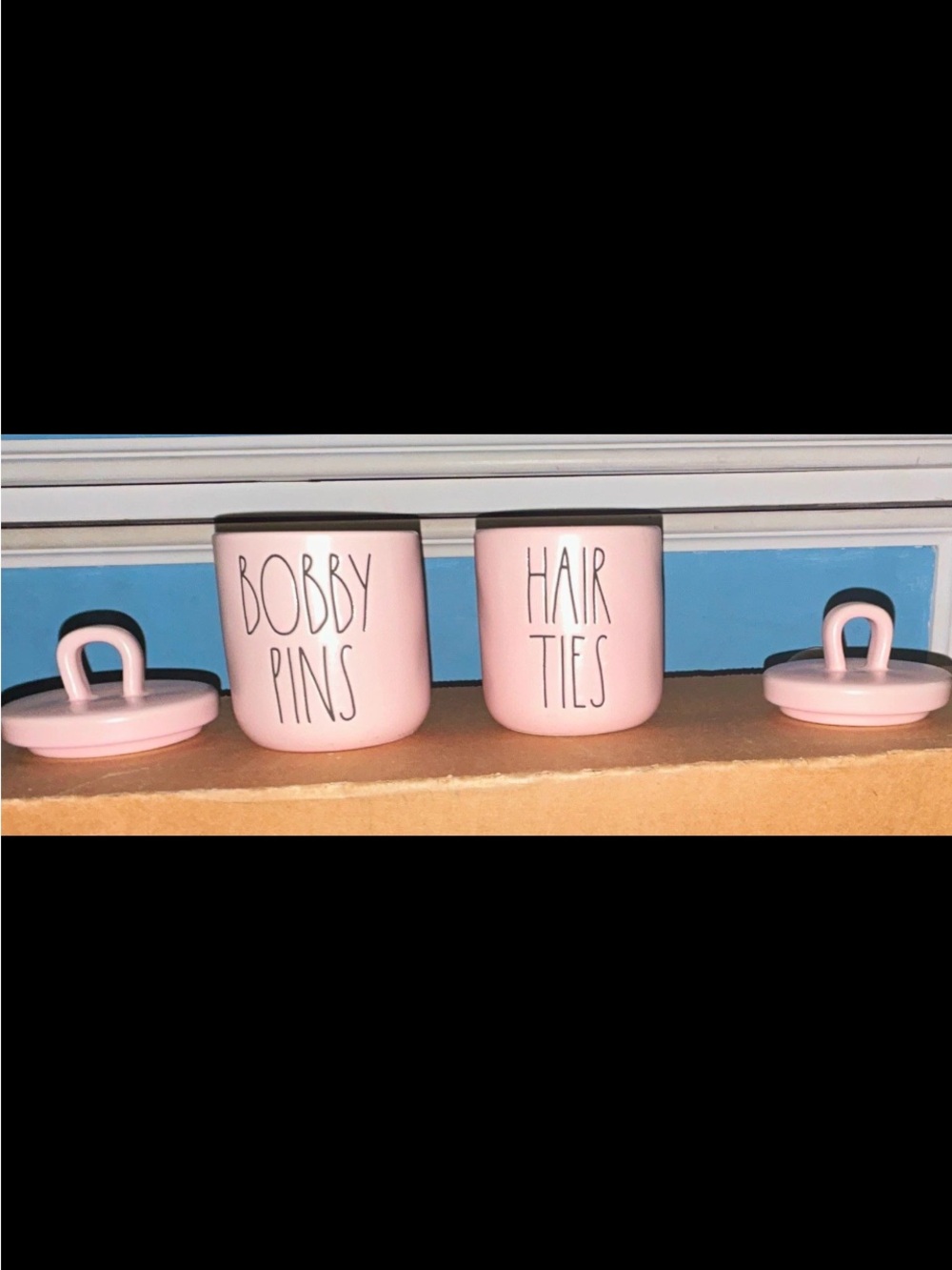 Rae Dunn Pink Ceramic 'Bobby Pins' & 'Hair Ties' Storage Canisters